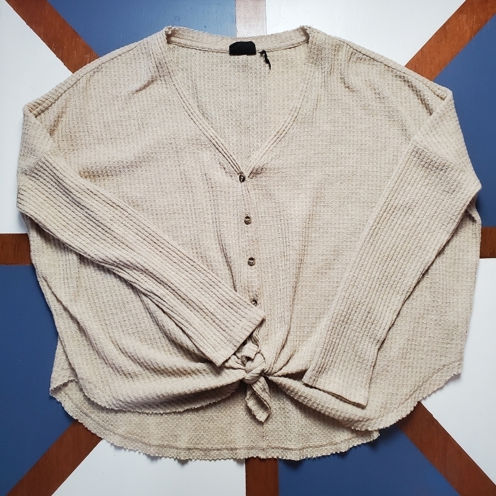 Out From Under Waffle Knit Oversized Top Womens Medium Button up Tie Front Boho